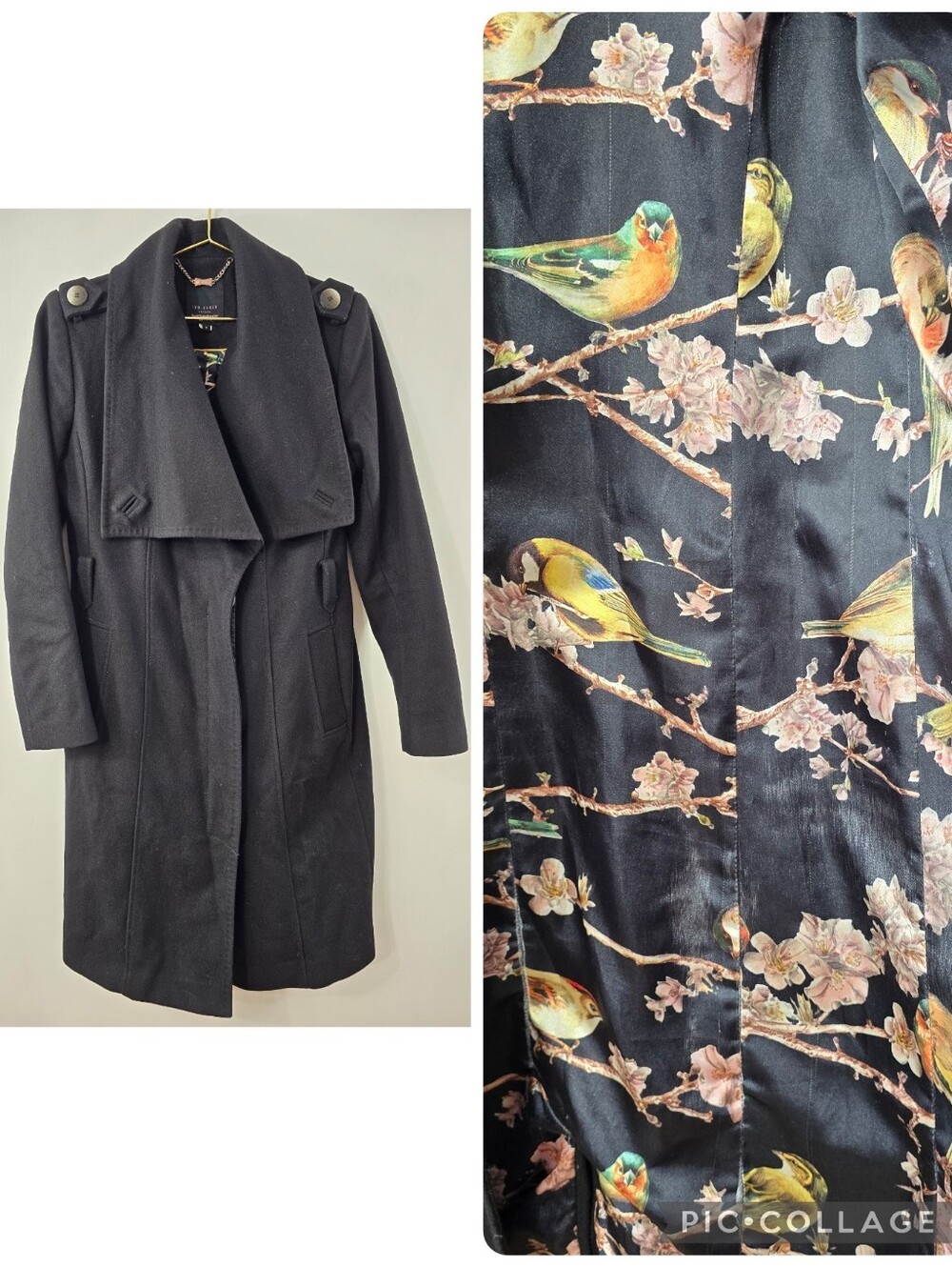 Ted Baker Cashmere Virgin Wool Blend Sateen Bird Print Lined Winter Coat Size 2